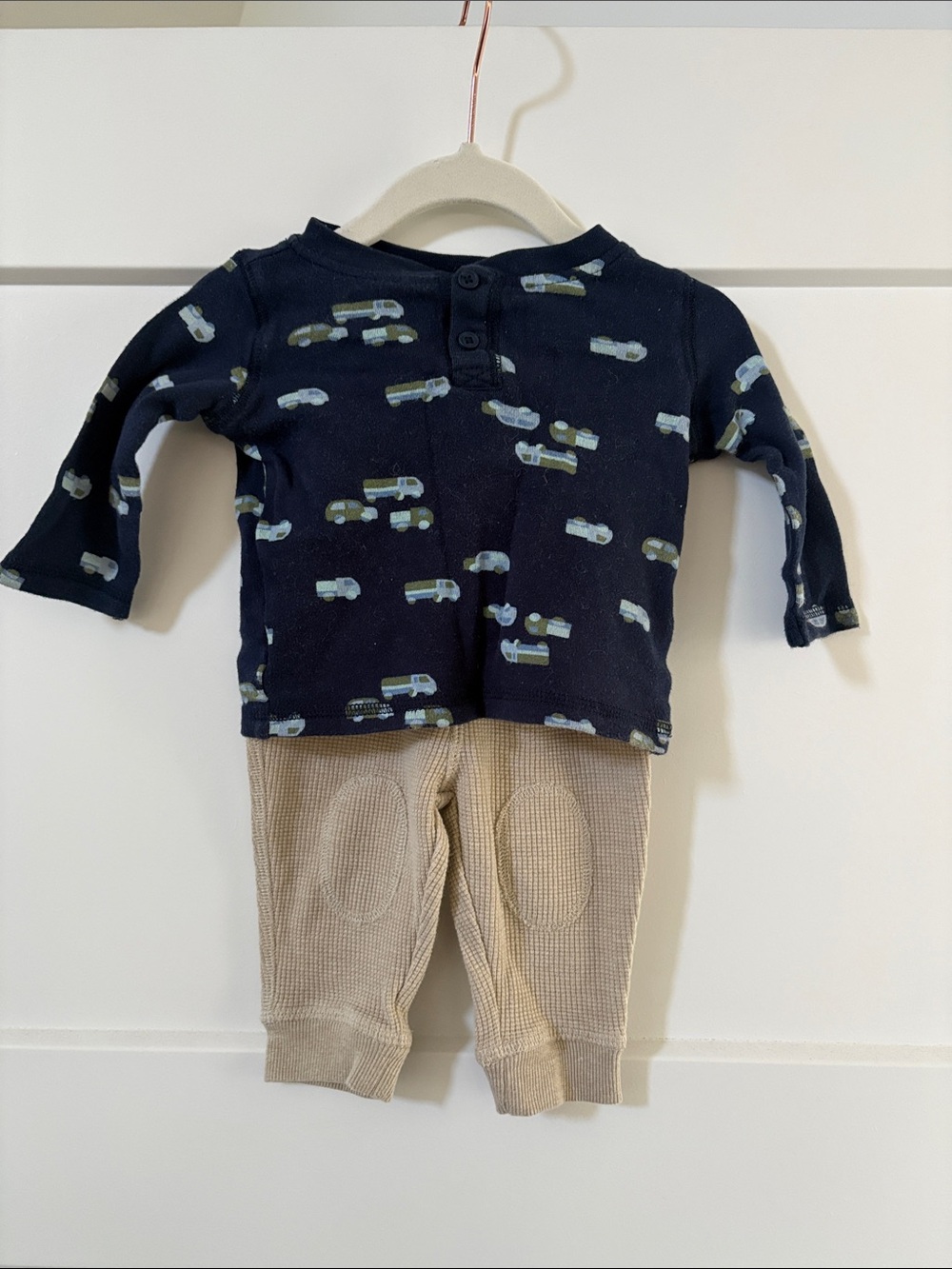 First Impressions Navy Car Print Long-Sleeve Top and Tan Waffle Knit Pants Set